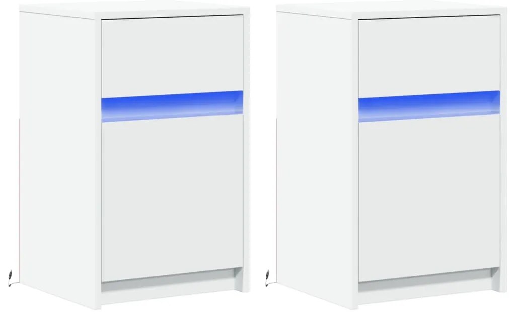 Mesas de cabeceira c/ luzes LED 2 pcs derivados madeira branco