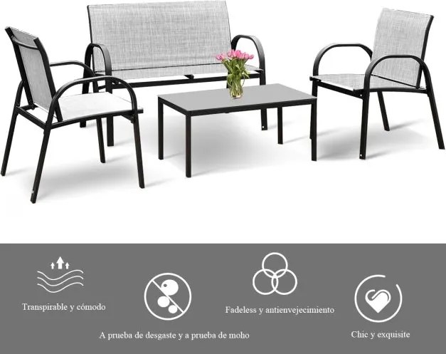 Conjunto Jardim de Mesa de Centro, 2 Cadeiras, Banco e Mesa de Centro de Jardim em Ferro e Malha para Terraço Exterior Cinzento