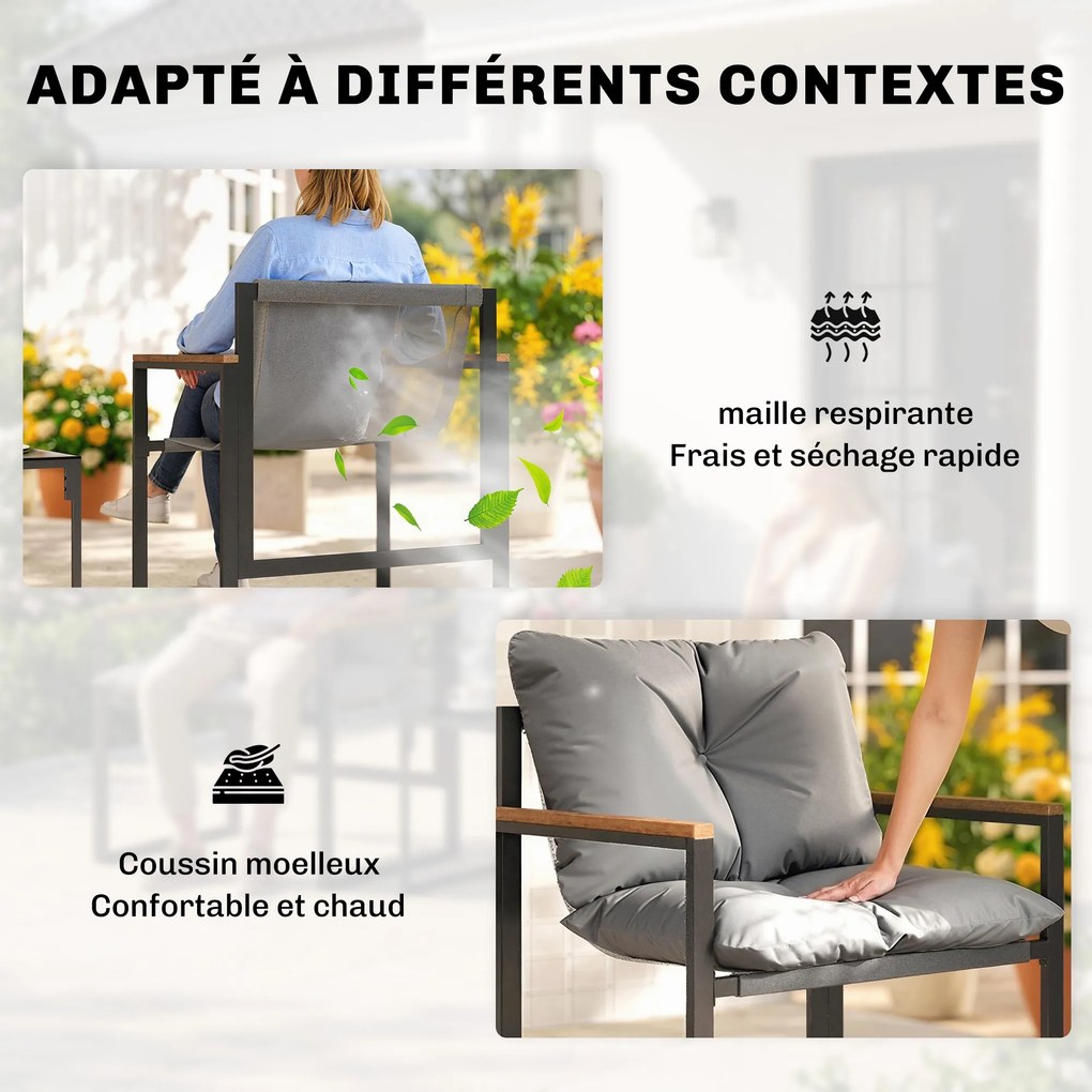 Conjunto de jardim de 3 peças para 2 pessoas, composto por 2 cadeirões, 1 mesa de centro com tampo em vidro temperado e almofadas, cinzento