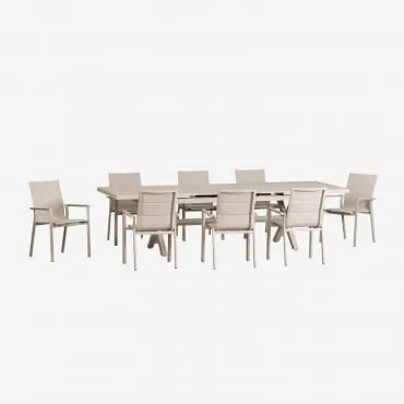 Conjunto De Mesa Retangular Extensível 240-300x100 Cm E 8 Cadeiras De Jardim Empilháveis Com Apoios De Braços Em Alumínio Karena Tapioca Bege - Sklum