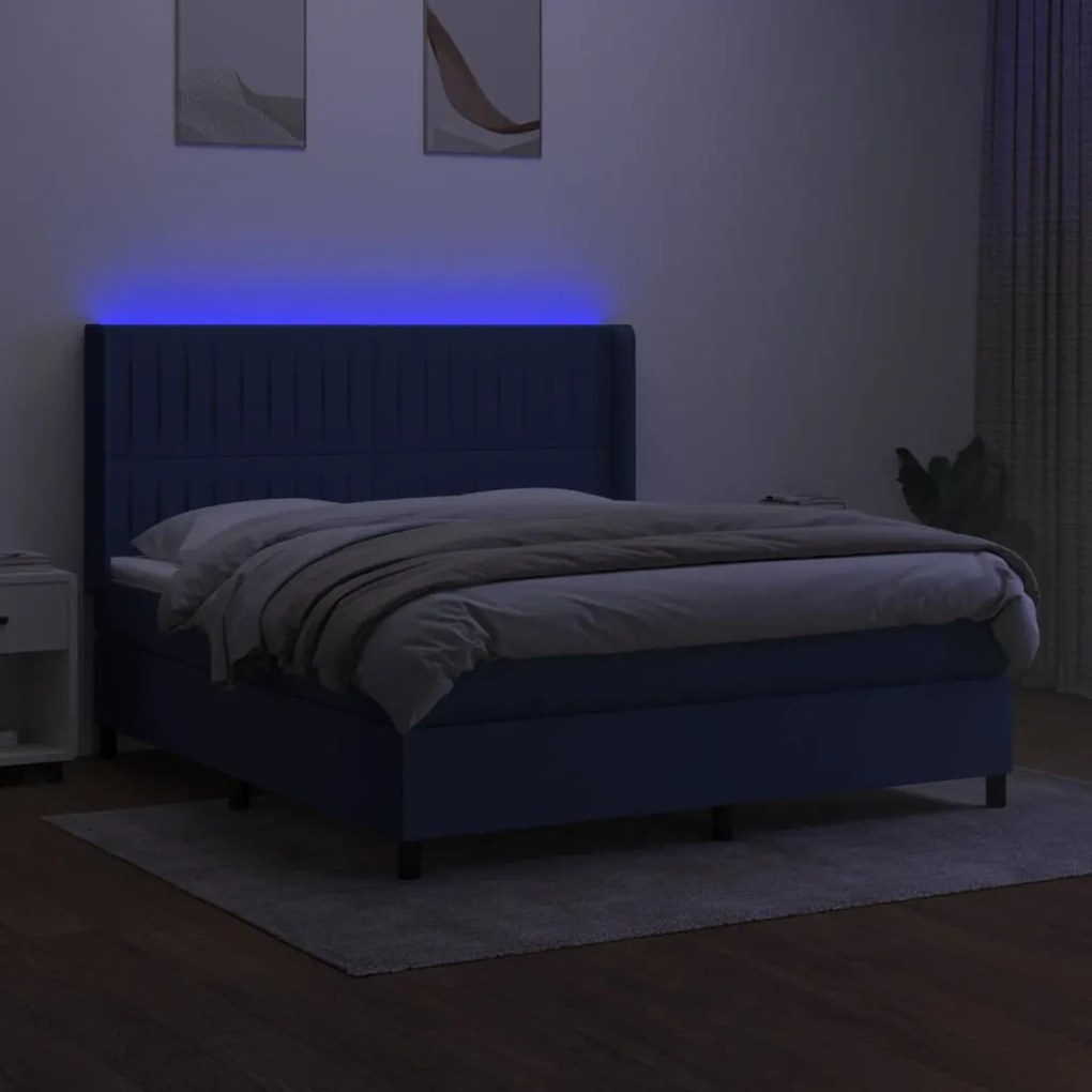 Cama box spring c/ colchão e LED 180x200 cm tecido azul