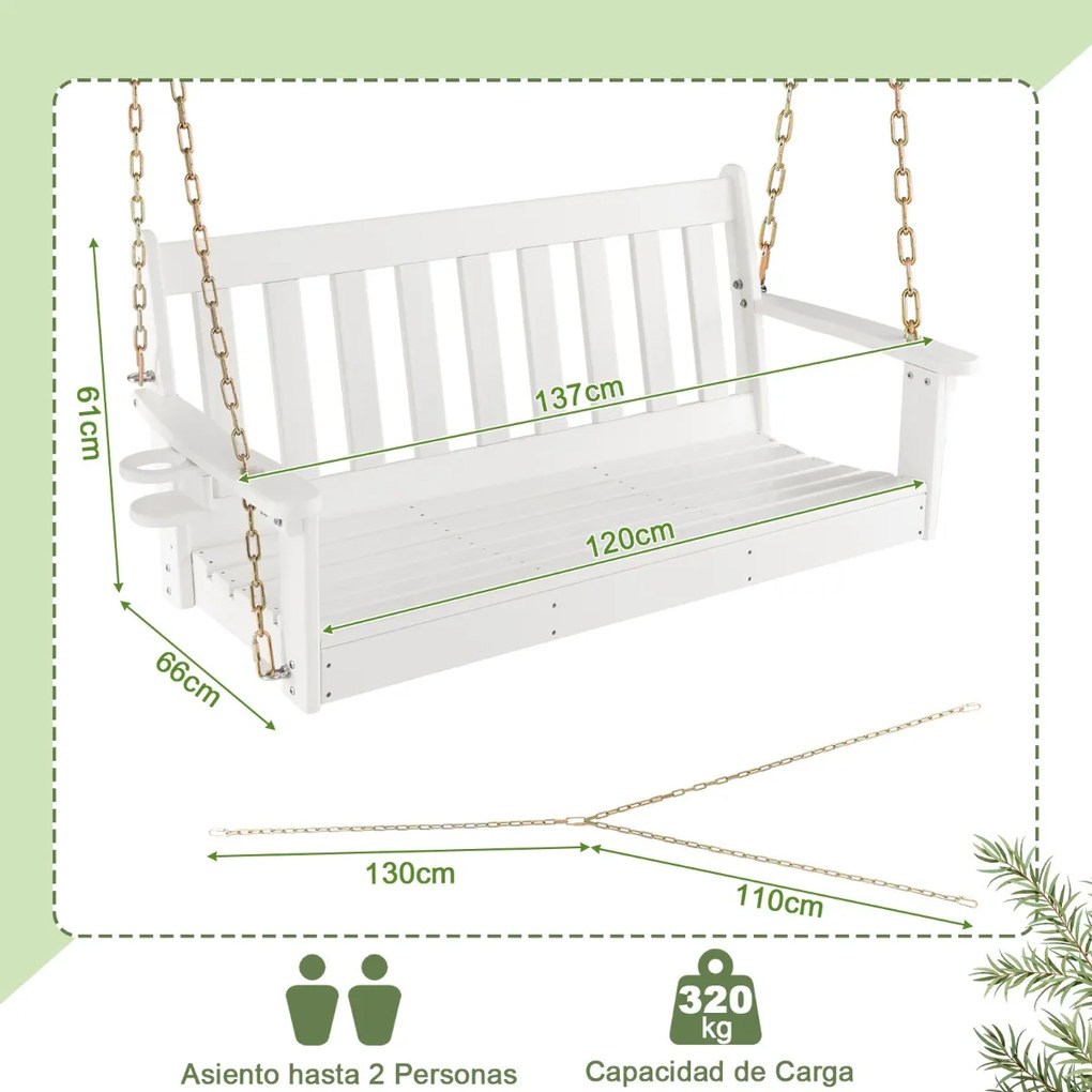 Banco de baloiço de 2 lugares em HDPE com correntes de segurança ajustáveis ​​e porta-copos oculto Carga 320kg 137 x 66 x 61 cm Branco