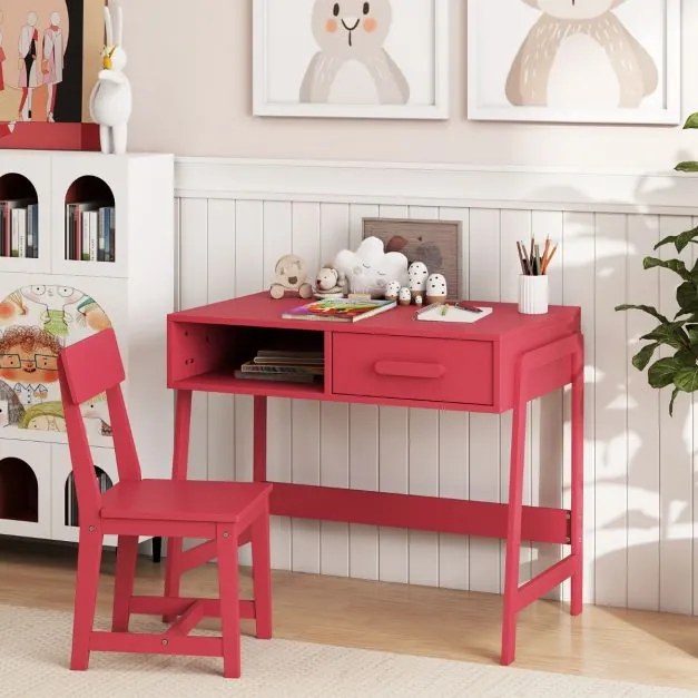 Conjunto de secretária e cadeira para crianças com gaveta e estante Rosa