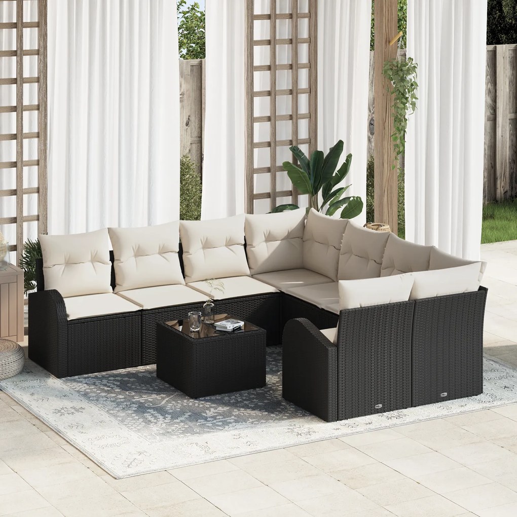 Conjunto de Sofá de Jardim vidaXL 9 Peças com Almofadas Preto Vime Sin