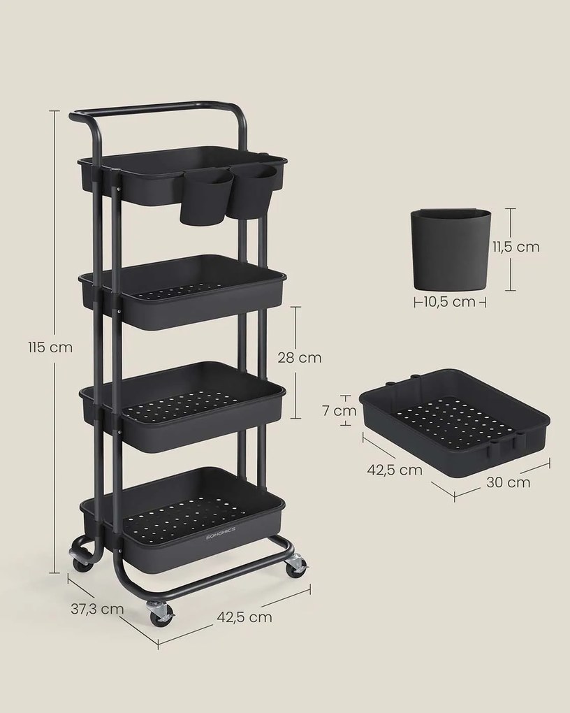 Carrinho com 4 prateleiras 37,3 x 42,5 x 115 cm preto