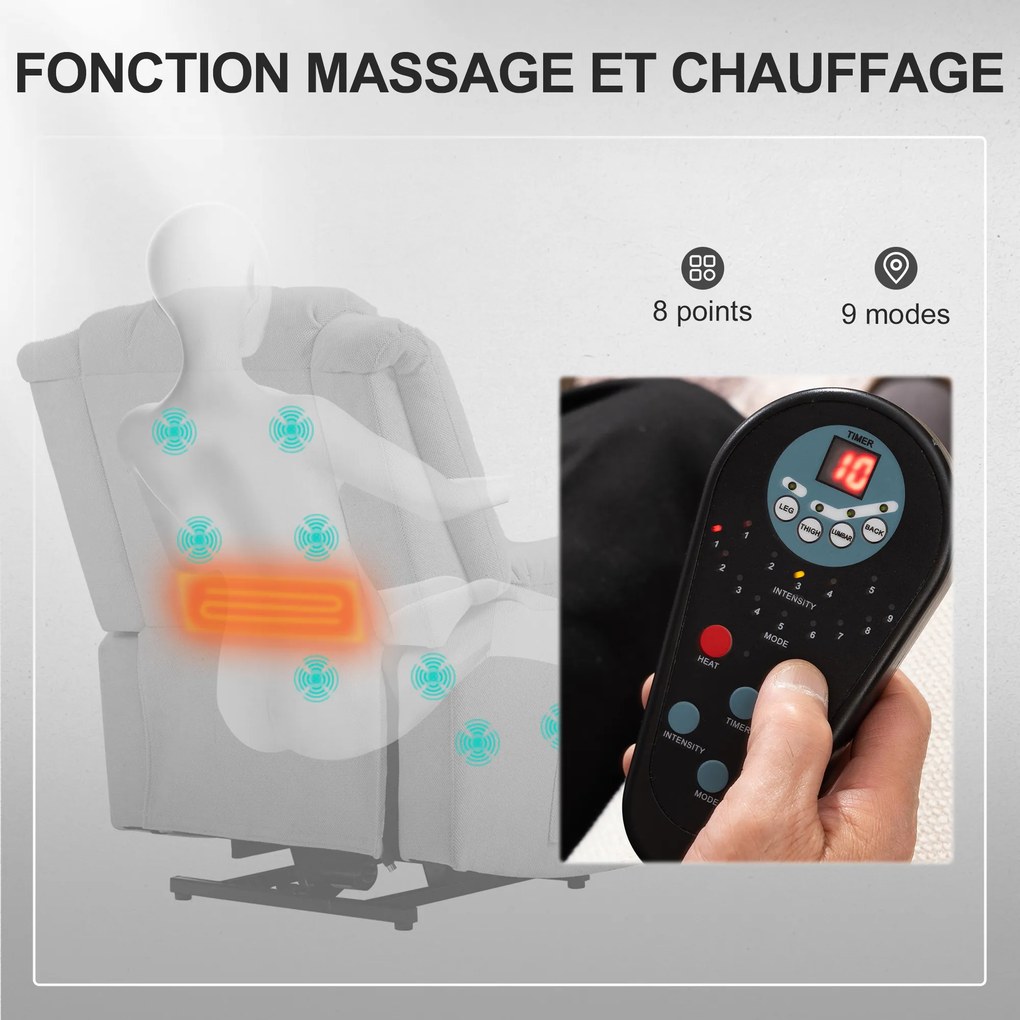 Poltrona elevatória elétrica com função de massagem e aquecimento em tecido chenille, poltrona de relaxamento elétrica com encosto reclinável, cinzent