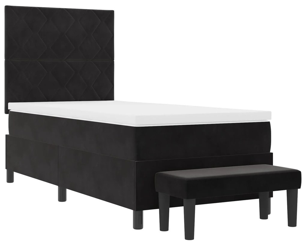 Cama Box Spring com Colchão e Banco Preto 90x190 cm Veludo