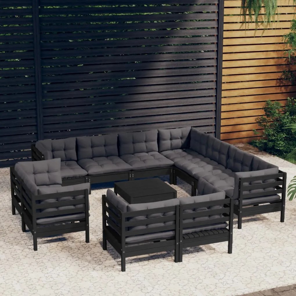 vidaXL 12 pcs conjunto lounge jardim c/ almofadões pinho maciço preto