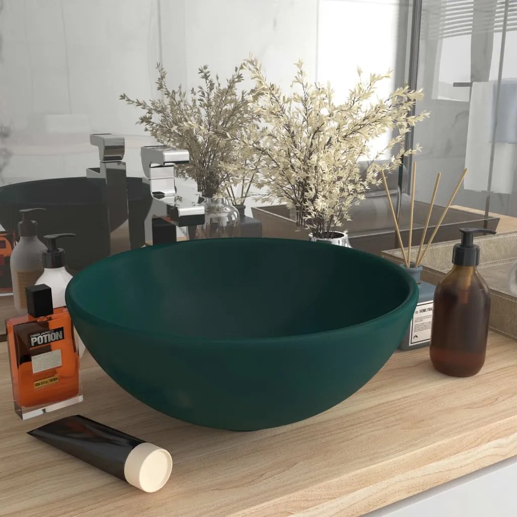 146970 vidaXL Lavatório WC luxuoso redondo 32,5x14cm cerâmica verde mate