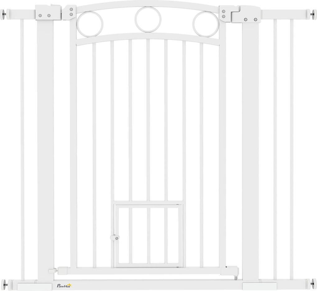 PawHut Portão para animais, grade para escadas 96 cm, largura ajustável 76-104 cm, com portinha para gatos, para escadas e vãos de porta, Branco | Aosom Portugal