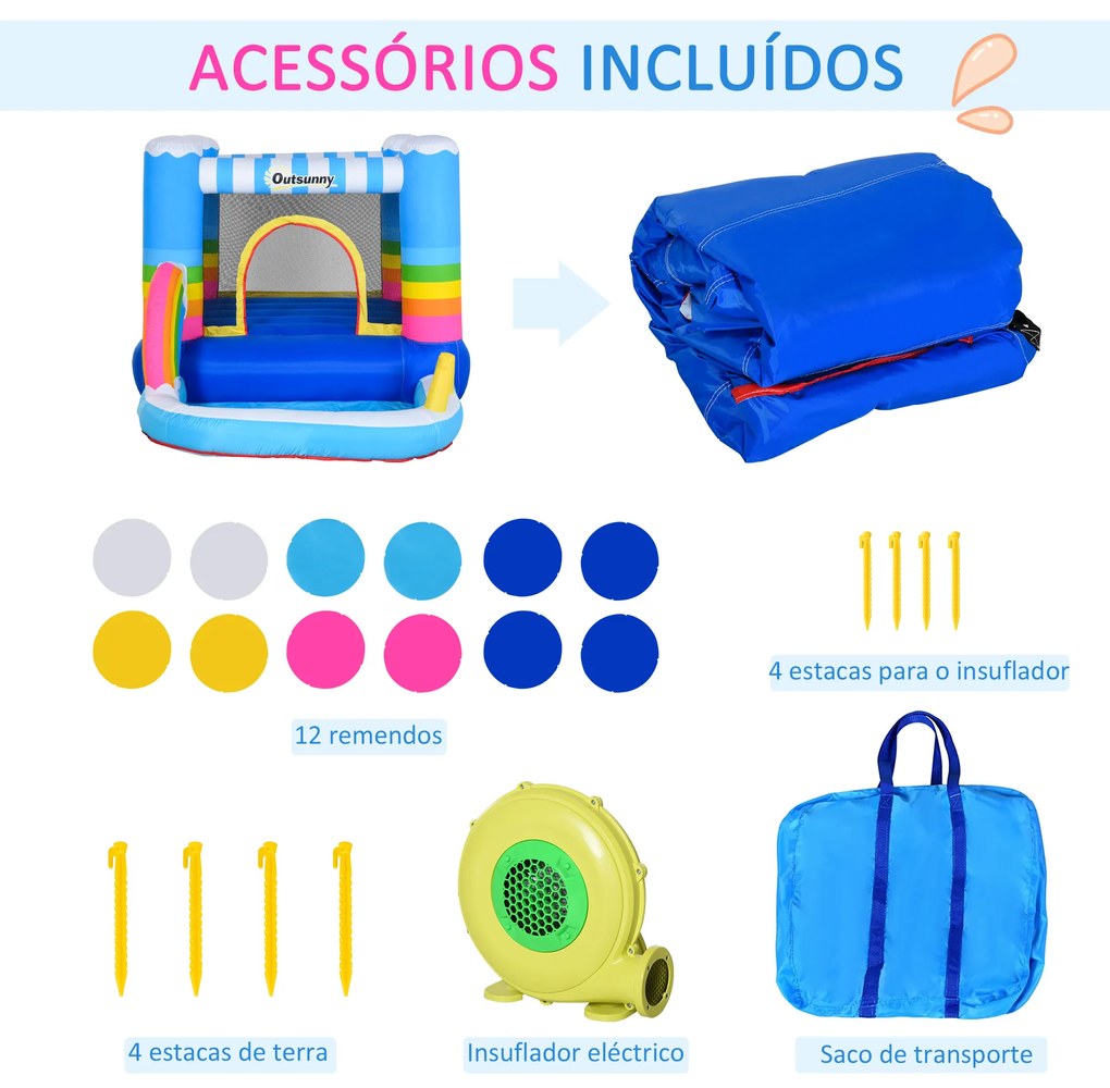 Outsunny Castelo Inflável com Trampolim e Piscina para Crianças acima de 3 Anos Inclui Inflador e Bolsa de Transporte para Interior Exterior 280x170x155cm Multicor