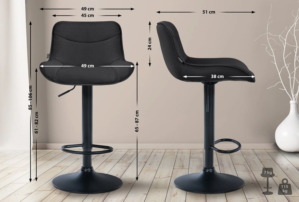 Banco alto em tecido com estrutura preta 85-106 x 49 x 51 cm preto