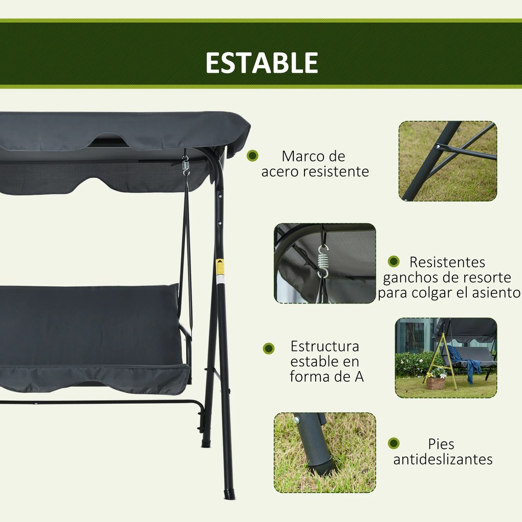 Outsunny Baloiço de Jardim de 3 Lugares com Almofada Toldo Ajustável e Estrutura de Metal para Balcão Terraço Patio Carga Máx. 200kg 172x110x153cm Cinza