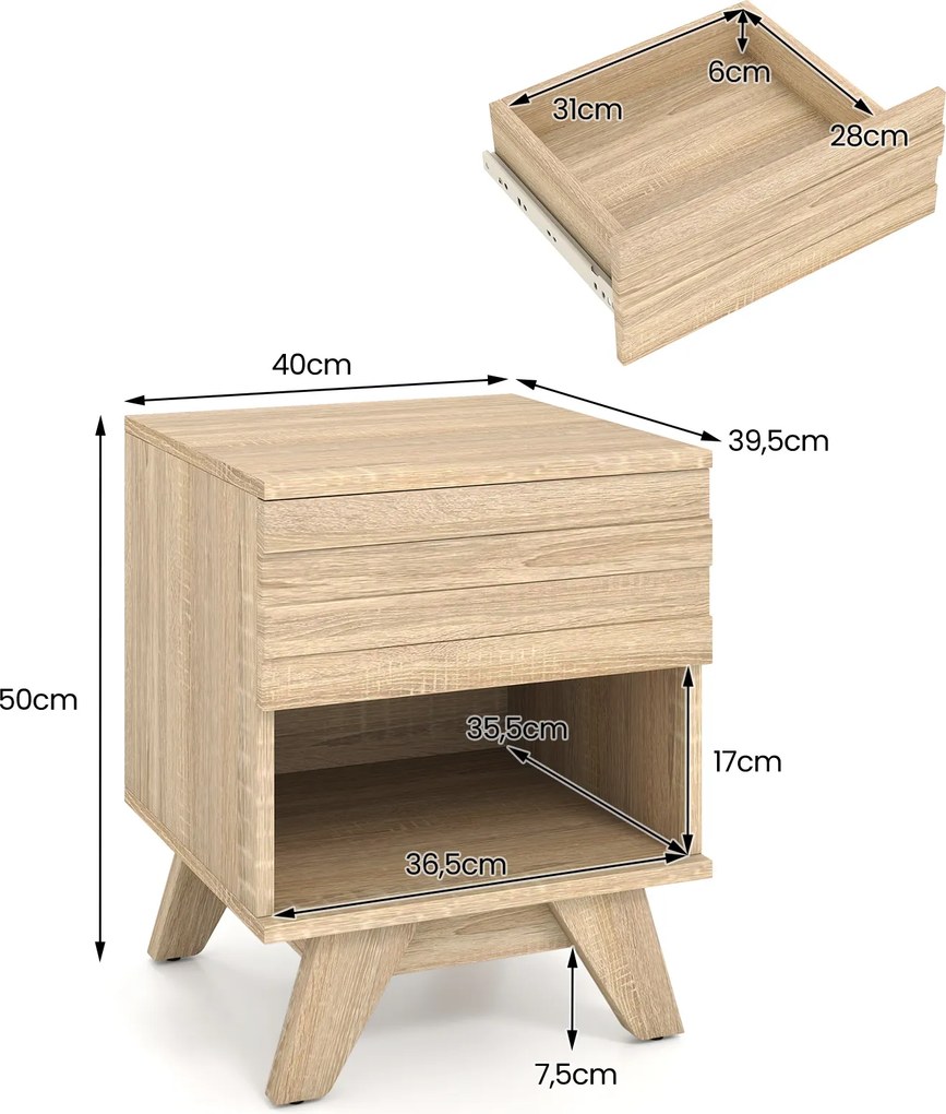 Mesa de Cabeceira, 40 x 39,6 x 50 cm, Amplo Espaço de Arrumação, Natural