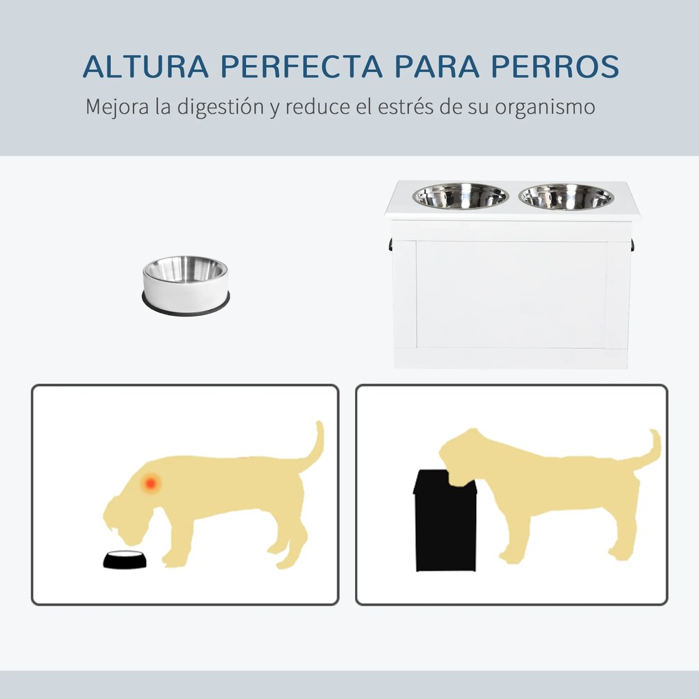 Comedouro Elevado para Cães com 2 Tigelas de Aço Inoxidável e Espaço de Armazenamento Oculto 60x30x41 cm Branco