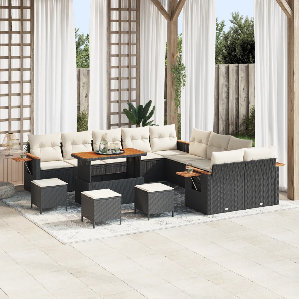 Conjunto de Sofá de Jardim de 14 Peças com Almofadas Preto Rattan Polipropileno Acácia