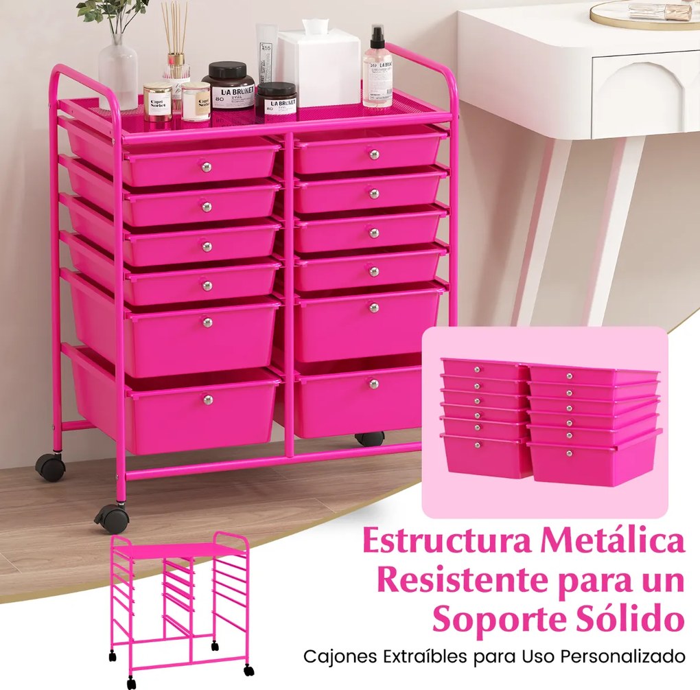 Carrinho auxiliar com rodas e 12 gavetas empilháveis 64 x 38 x 75 cm com estrutura metálica para cozinha, escritório e casa de banho Rosa