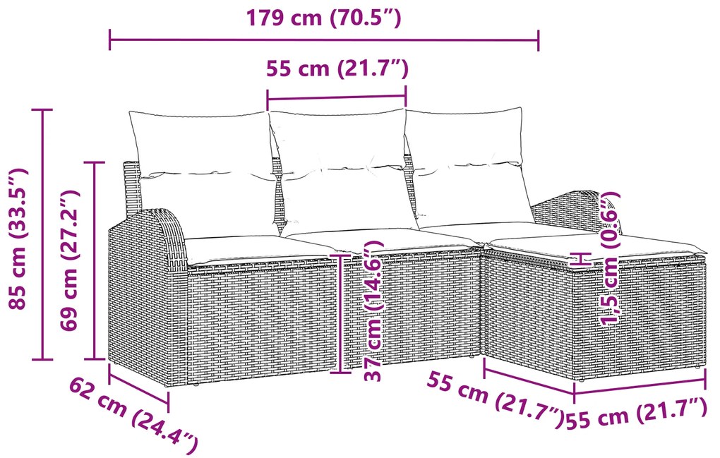 Conjunto de Sofá de Jardim de 4 Peças com Almofadas Castanho Rattan Po