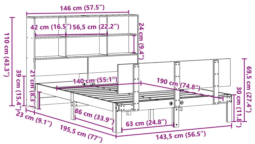 Cama com estante sem colchão 140x190 cm pinho maciço branco