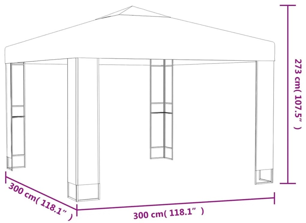 Gazebo com toldo duplo e cordões de luzes LED 3x3 m branco