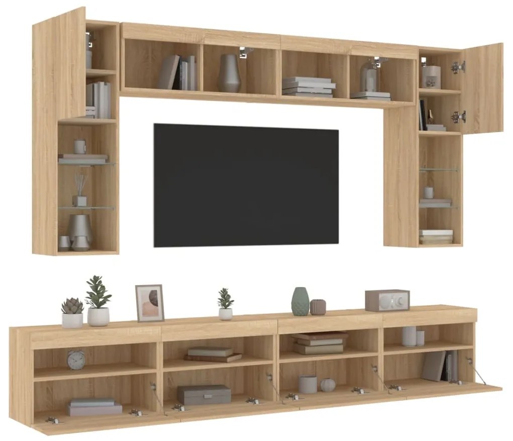8 pcs conj. móveis de parede p/ TV c/ luzes LED carvalho sonoma