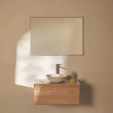 Conjunto De Móvel De Casa De Banho Suspenso Em Madeira De Freixo Tedrik Castanho Fresno & Cimento Redondo Branco Ø40 Cm Zavion & Led - Sklum