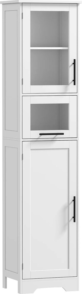 HOMCOM Coluna Casa de Banho com Porta de Vidro Prateleiras Ajustáveis Gaveta para Espaços Pequenos 40x31x170 cm Branco | Aosom Portugal