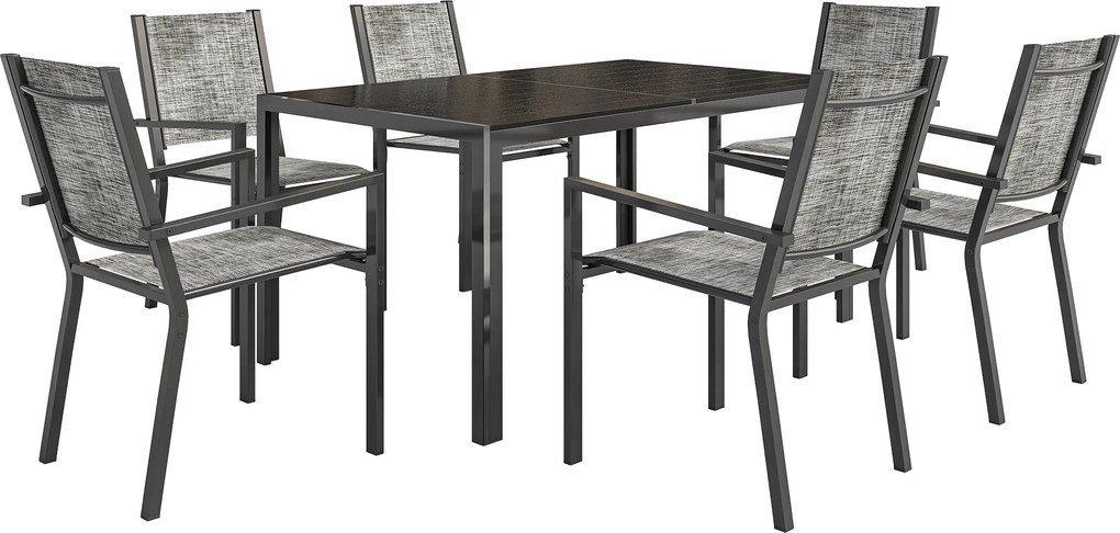 Mesa de jardim para exterior com 6 cadeiras empilháveis, tampo com ripas de 150 cm, estrutura em aço inoxidável, preta
