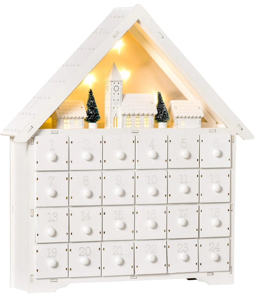 HOMCOM Calendário de Advento de Natal Madeira com 24 Gavetas e Luzes LED Decoração de Natal Modelo Casinha 39x9x42cm Branco