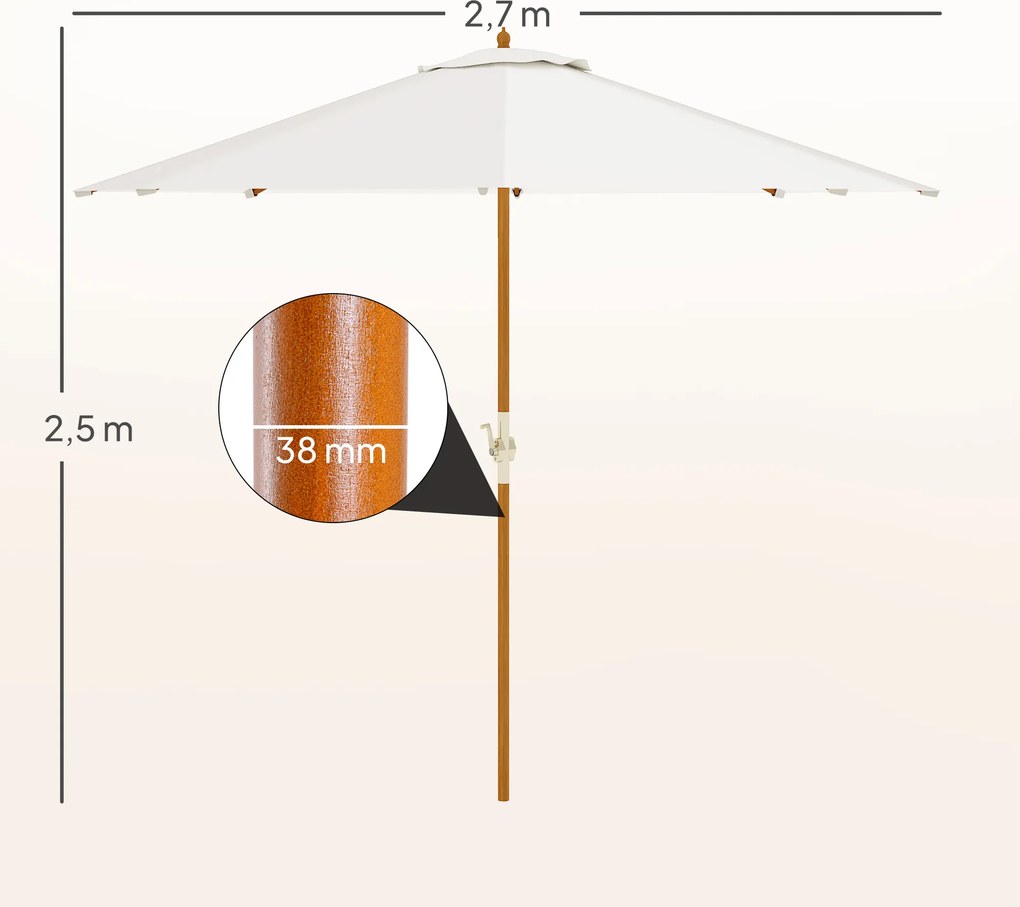 Guarda-sol redondo para exterior, Ø 2,7 x 2,5 m, com manivela para abrir e fechar, mastro em madeira, lona de 180 g/m², bege