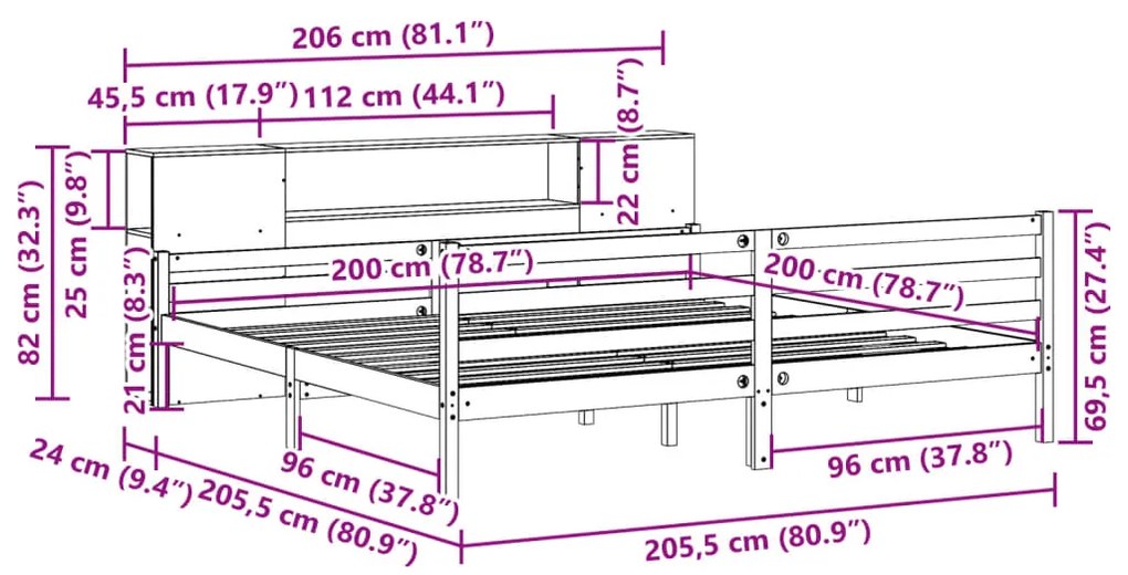 Cama com estante sem colchão 200x200 cm pinho maciço
