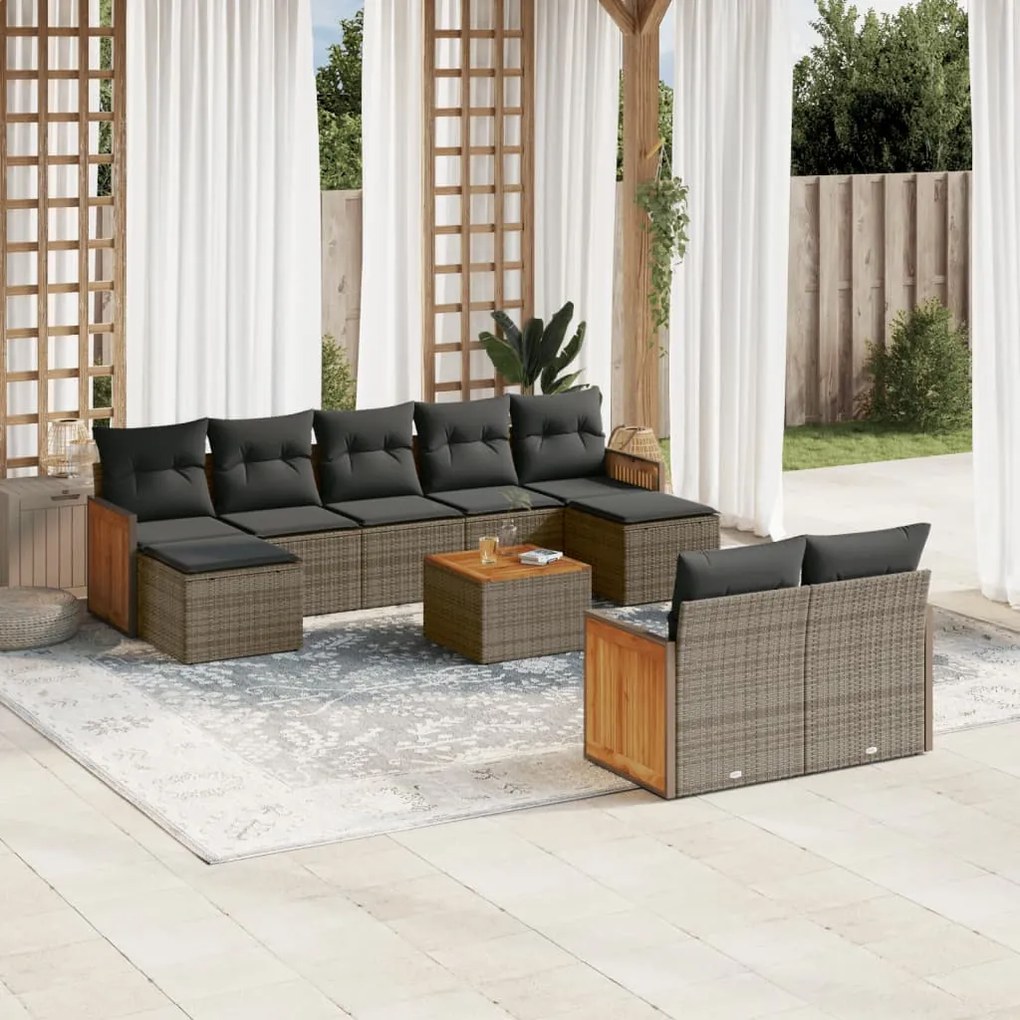 10 pcs conjunto sofás de jardim c/ almofadões vime PE cinzento