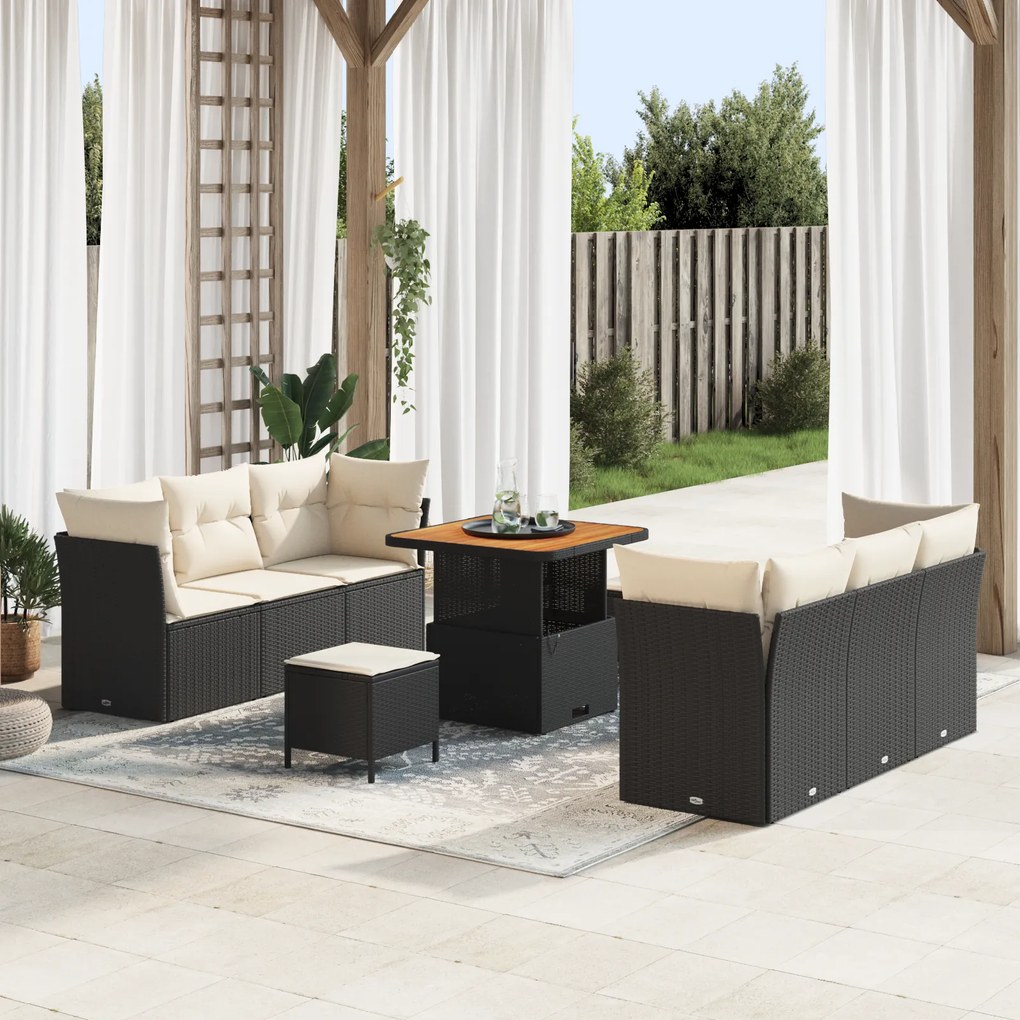 Conjunto de Sofá de Jardim vidaXL 9 Peças com Almofadas Preto Polyrattan Acácia