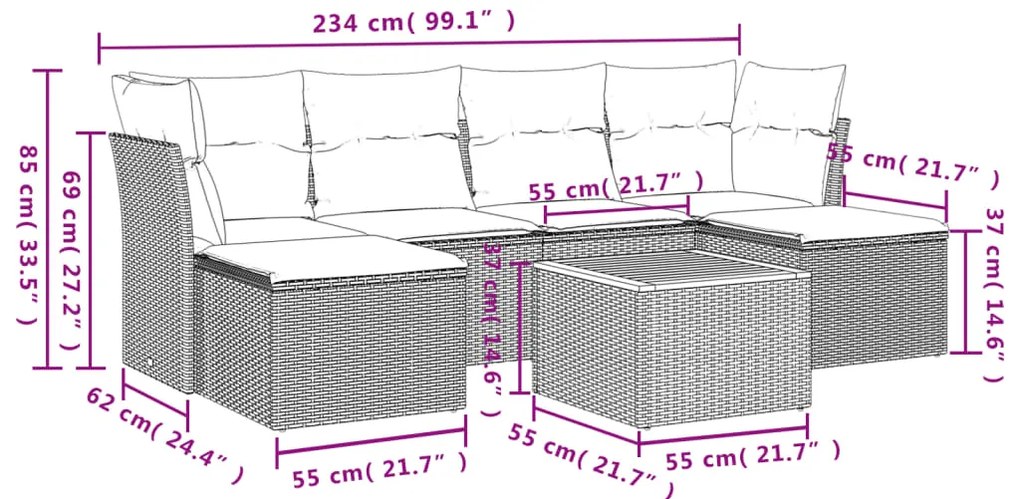 7 pcs conjunto sofás p/ jardim c/ almofadões vime PE cinzento
