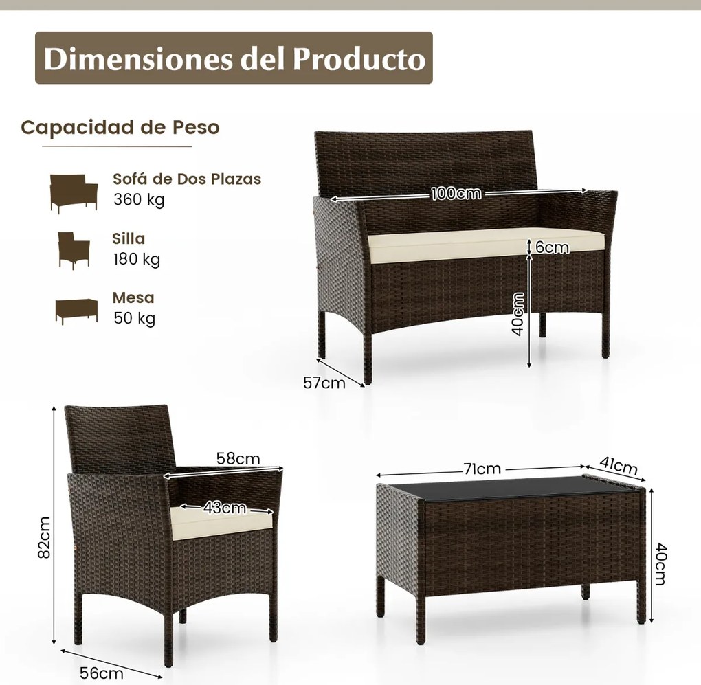 Conjunto de jardim, 4 peças: mobiliário de exterior com cadeira, sofá de 2 lugares e mesa de vidro temperado Castanho misto e almofadas Creme