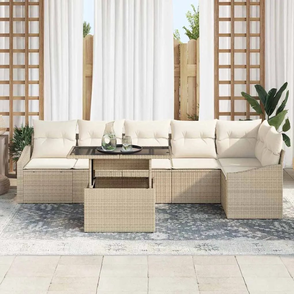 Conjunto de Sofá de Jardim de 7 Peças com Almofadas Bege em Rattan Sin