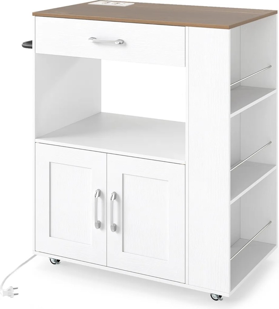Carrinho de cozinha 75 x 46 x 90,5 cm com Estação de carregamento e rodas com travão Cesto duplo Branco + Natural