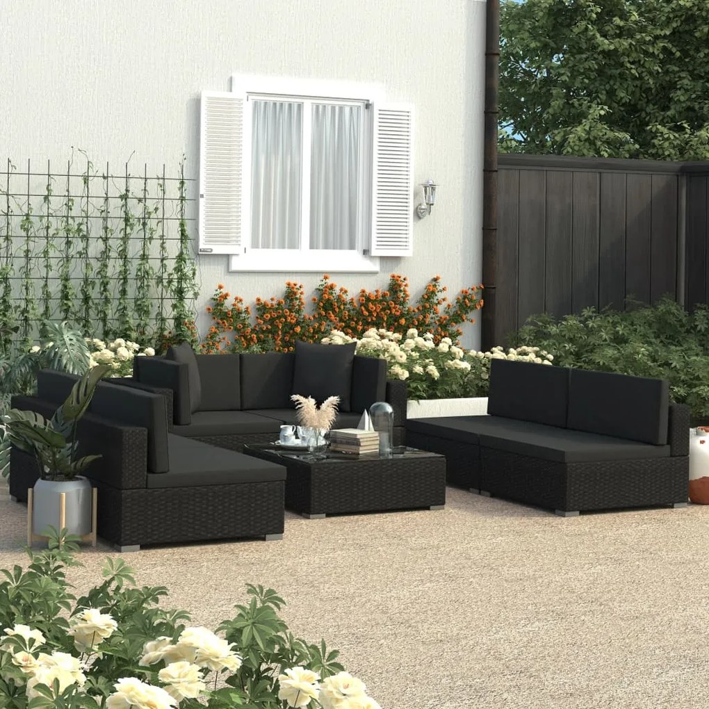 vidaXL 7 pcs conjunto lounge de jardim c/ almofadões vime PE preto
