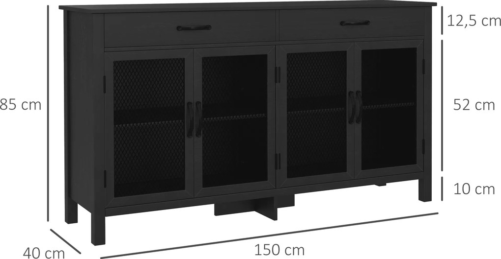 Aparador baixo com 4 portas, prateleiras ajustáveis e 2 gavetas, estilo industrial, 150 x 40 x 85 cm, preto