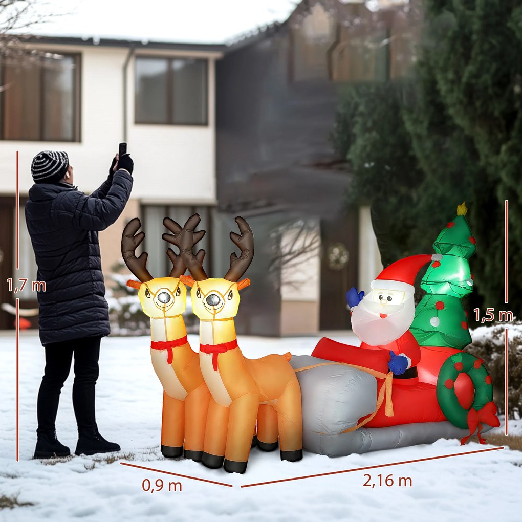Pai Natal Insuflável com Trenó Renas e Árvore de Natal com Luzes LED Decoração de Natal 216x90x150 cm Multicolor