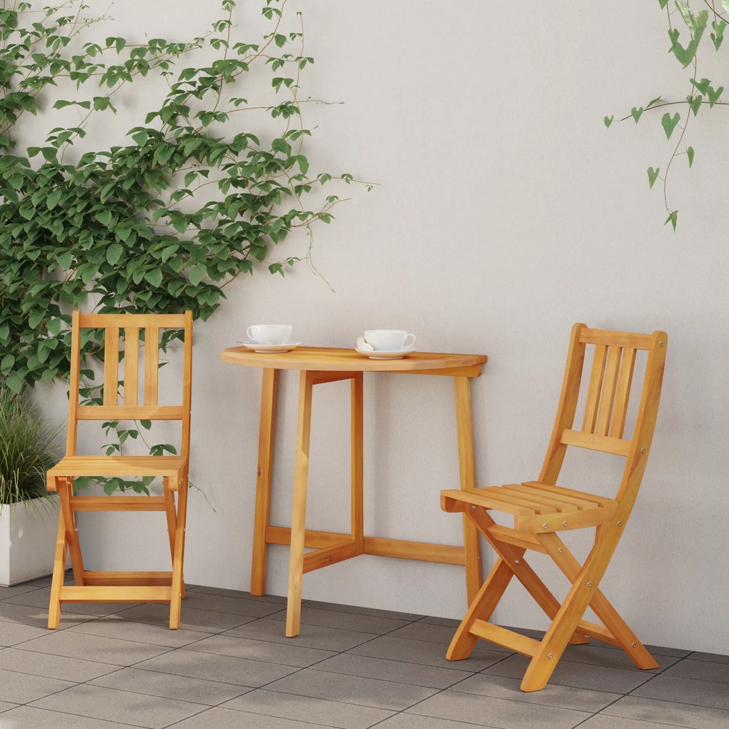 Conjunto Bistro de Jardim Dobrável de 3 Peças em Madeira Maciça de Acácia