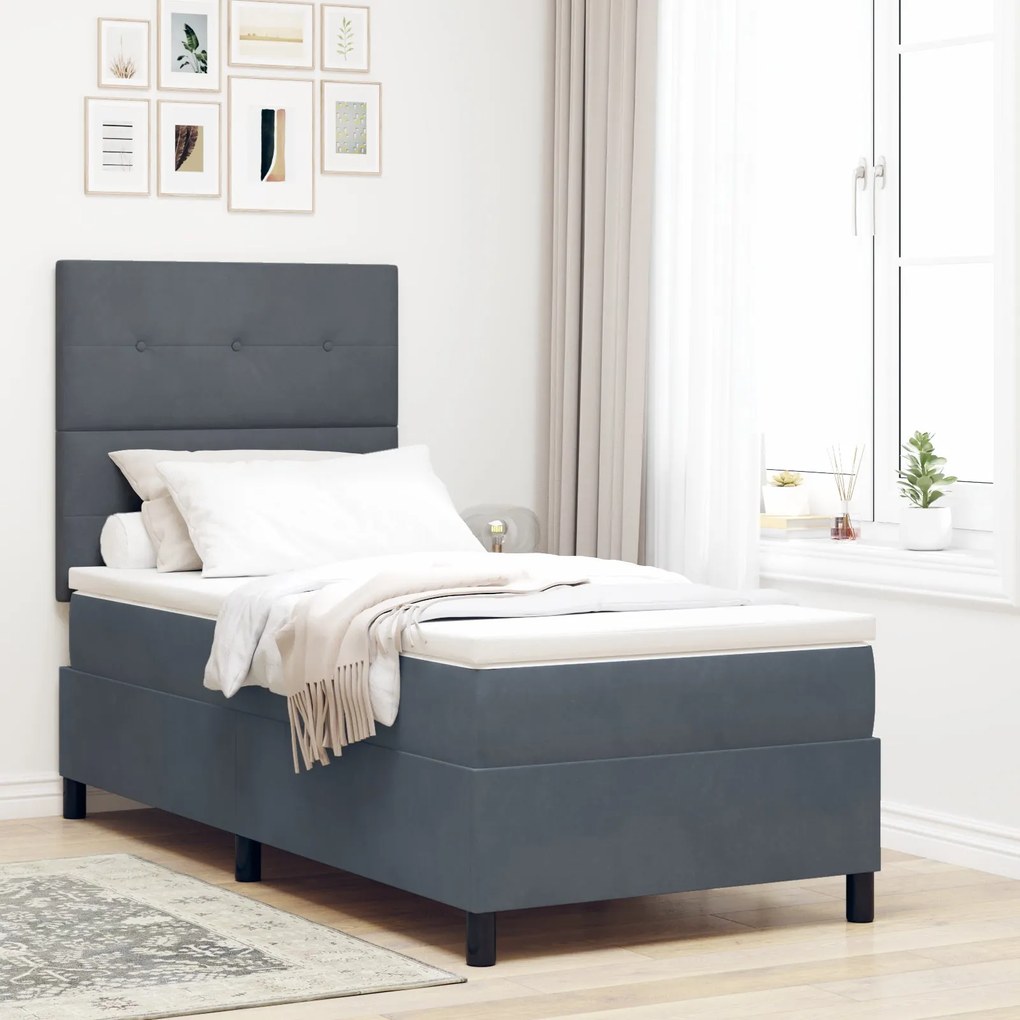 Cama Box Spring vidaXL com Colchão Cinza Escuro 90x200 cm Veludo