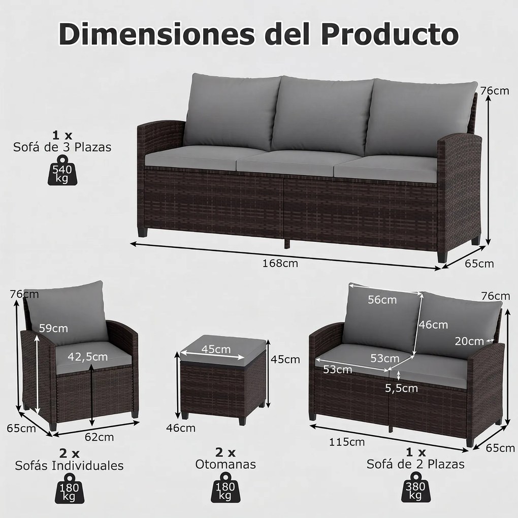 Conjunto de 6 Peças de Jardim com Sofás, Poltronas e Apoios para os Pés, Vime de PE, Castanho e Cinzento