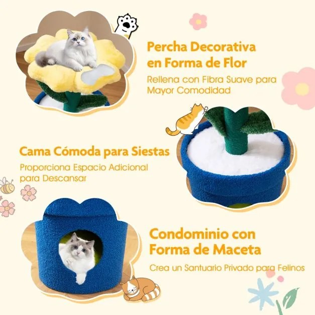 Arranhador Gatos 43 x 43 x 72,5 cm de 3 níveis com mirante superior e ama privado Poste para arranhar Centro de atividades para gatinhos Amarelo