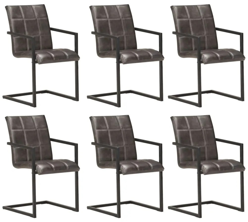 Cadeiras de jantar cantilever 6 pcs couro genuíno cinzento