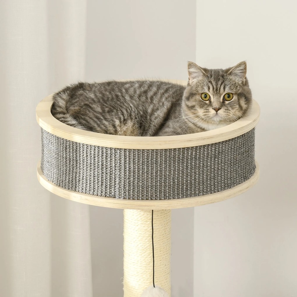 PawHut Árvore Arranhador para Gatos Médios Altura 91cm Torre de Escalada Gatos com Roda para Exercitar Cama Plataforma Almofadas Poste de Sisal e Bolas de Brinquedo Cinza e Creme
