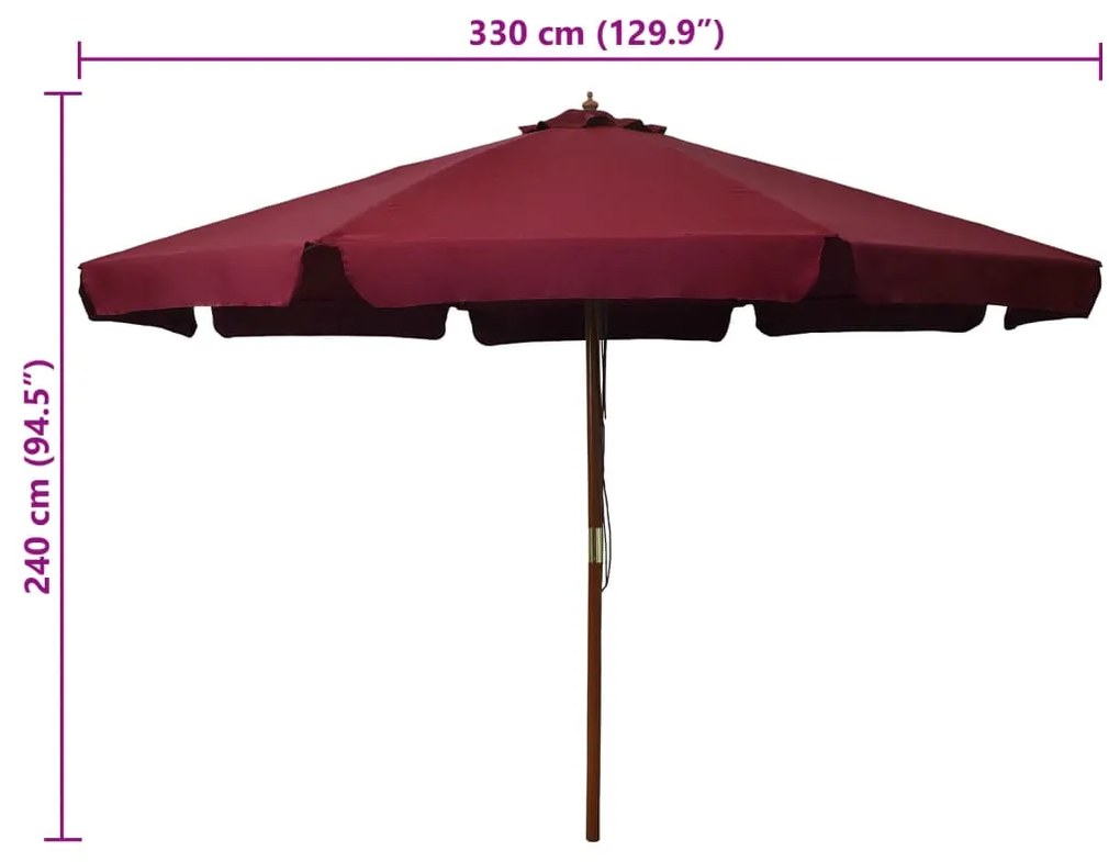 Guarda-sol de exterior com poste em madeira 330 cm bordô