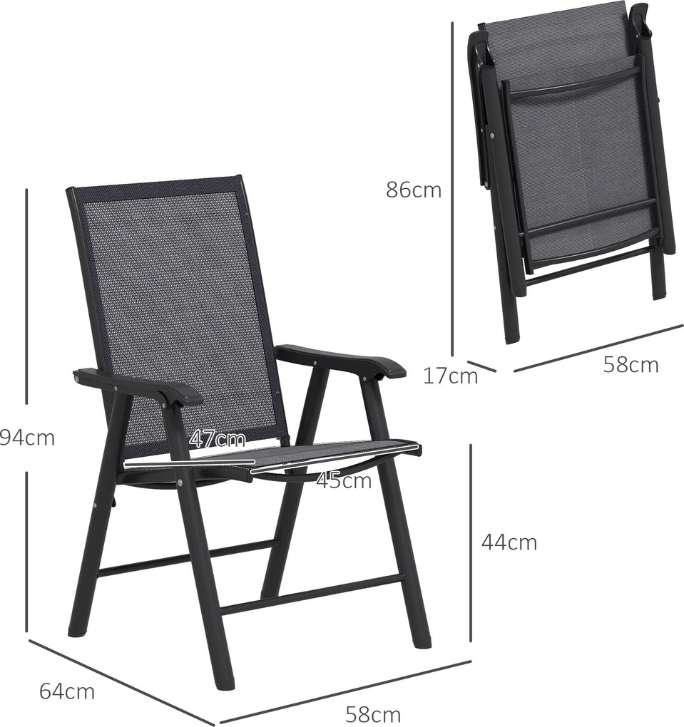 Conjunto de 2 Cadeiras Dobráveis para Exterior Cadeiras para Jardim com Textilene e Metal  58x64x94 cm Cinza Escuro