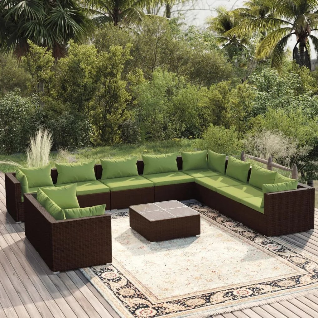 vidaXL 11 pcs conjunto lounge jardim c/ almofadões vime PE castanho