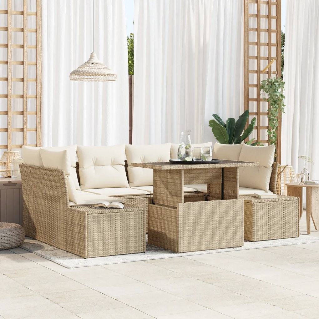 Conjunto de Sofá de Jardim de 7 Peças com Almofadas em Bege e Rattan P